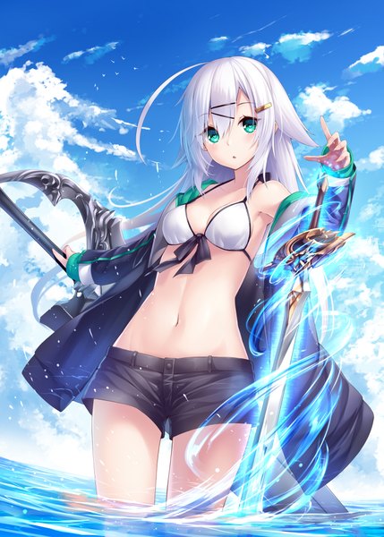 Anime picture 1500x2098 with original chabaneko single long hair tall image looking at viewer blush fringe breasts open mouth light erotic hair between eyes standing payot sky cloud (clouds) ahoge outdoors white hair aqua eyes
