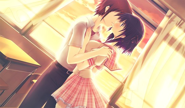 Anime picture 1024x600 with ping pong pantsu! amakake uika short hair blue eyes brown hair wide image blue hair game cg couple kiss girl boy uniform school uniform window desk