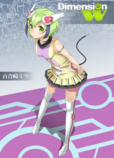 Anime picture 800x1110 with dimension w yurizaki mira kyuutou (kyuutouryuu) single tall image looking at viewer blush short hair smile green eyes green hair inscription girl dress hair ornament boots thigh boots