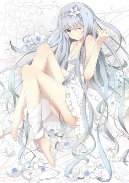 Anime picture 2894x4093 with original samegami nagomi no ame single long hair tall image highres blue eyes white hair one eye closed barefoot wink girl dress flower (flowers) bandage (bandages)