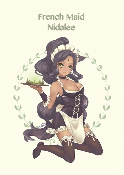 Anime-Bild 642x900 mit league of legends nidalee (league of legends) azuki ame single tall image looking at viewer breasts light erotic black hair simple background smile yellow eyes ponytail very long hair maid kneeling girl thighhighs uniform black thighhighs
