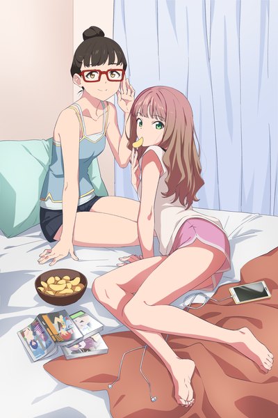 Anime picture 1396x2092 with gridman universe ssss.dynazenon studio trigger minami yume mei (dynazenon) gulim long hair tall image looking at viewer fringe short hair light erotic smile brown hair multiple girls green eyes yellow eyes indoors blunt bangs barefoot