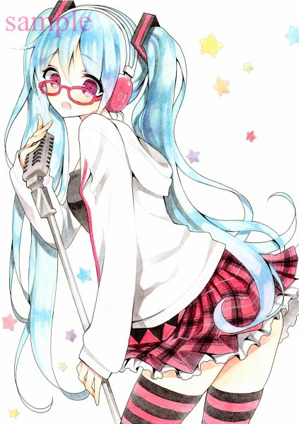 Anime picture 846x1200 with vocaloid kocchi muite baby (vocaloid) hatsune miku mugicha0929 single long hair tall image looking at viewer blush open mouth simple background white background twintails blue hair pleated skirt pink eyes watermark plaid skirt traditional media sample watermark