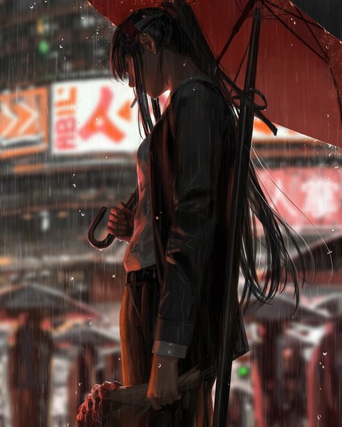 Anime picture 3000x3750 with original guweiz long hair tall image fringe highres black hair holding payot outdoors ponytail long sleeves black eyes blurry realistic open clothes depth of field mouth hold city looking down