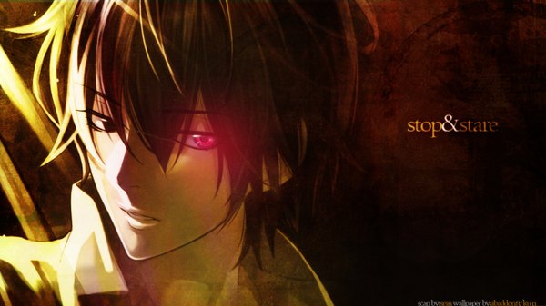 Anime picture 1366x768 with shinrei tantei yakumo saitou yakumo suzuka oda abaddon13 single short hair open mouth black hair red eyes wide image black eyes heterochromia dark background boy jacket