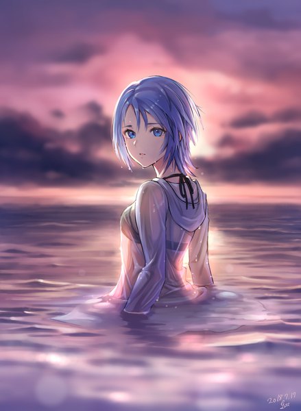 Anime picture 1590x2174 with kingdom hearts kingdom hearts birth by sleep square enix aqua (kingdom hearts) gogo (detteiu de) single tall image looking at viewer fringe short hair blue eyes light erotic hair between eyes signed blue hair sky cloud (clouds) upper body outdoors looking back