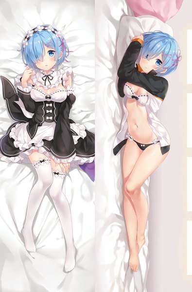 Anime picture 700x1063 with re:zero kara hajimeru isekai seikatsu white fox rem (re:zero) hitsukuya tall image looking at viewer blush fringe short hair breasts blue eyes light erotic smile bare shoulders blue hair full body bent knee (knees) lying long sleeves parted lips