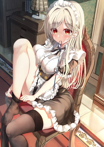 Anime picture 4175x5870 with original hiragi ringo single long hair tall image looking at viewer blush fringe highres breasts light erotic hair between eyes red eyes large breasts sitting holding absurdres silver hair bent knee (knees) indoors