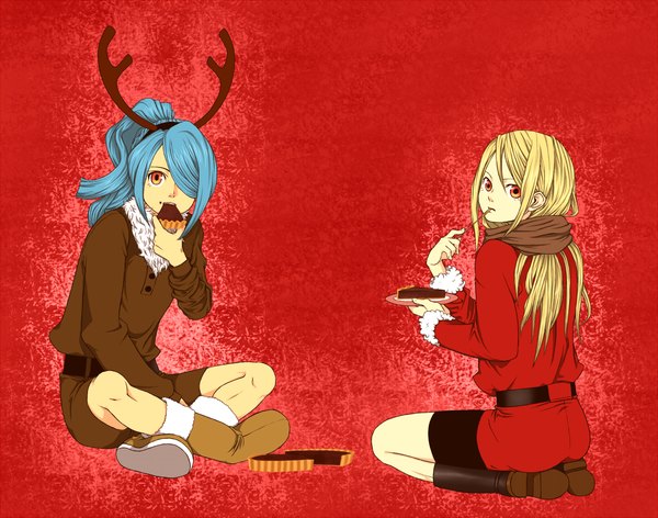 Anime picture 1280x1009 with inazuma eleven afuro terumi kazemaru ichirouta kinjiro (mkmks) long hair fringe simple background blonde hair red eyes sitting blue hair ponytail looking back horn (horns) hair over one eye multiple boys christmas eating red background seiza