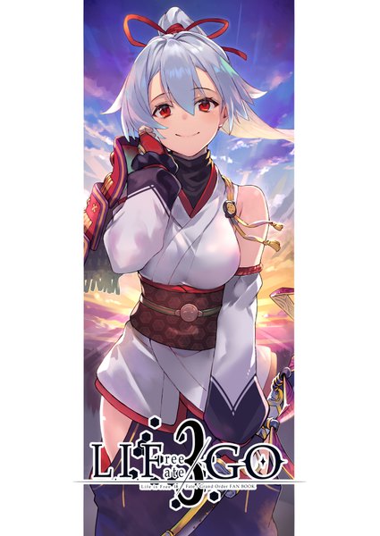 Anime picture 641x904 with fate (series) fate/grand order tomoe gozen (fate) shirabi single long hair tall image looking at viewer fringe smile hair between eyes red eyes bare shoulders sky silver hair cloud (clouds) ponytail traditional clothes japanese clothes copyright name