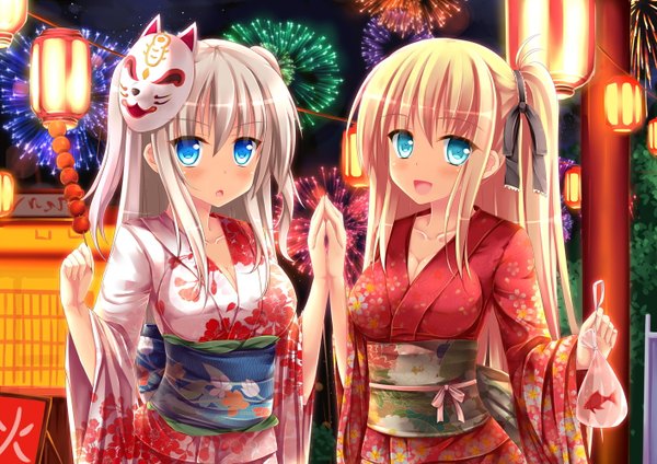 Anime picture 1414x1000 with charlotte p.a. works tomori nao nishimori yusa angel koman long hair blush open mouth blue eyes blonde hair multiple girls white hair traditional clothes japanese clothes one side up mask on head fireworks girl 2 girls animal