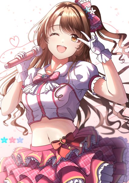 Anime picture 2894x4093 with idolmaster idolmaster cinderella girls shimamura uzuki citrusmikan single long hair tall image looking at viewer blush fringe highres breasts open mouth simple background smile brown hair standing white background holding brown eyes