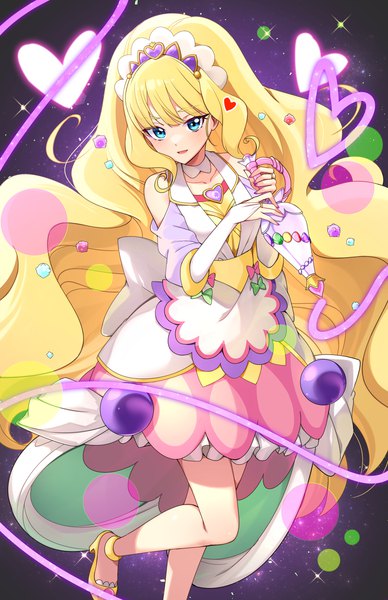 Anime picture 1488x2301 with precure delicious party precure toei animation kasai amane cure finale rumo single tall image fringe blue eyes blonde hair bare shoulders payot ponytail very long hair magical girl girl food heart sweets
