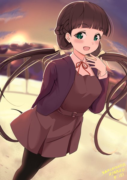 Anime picture 2480x3508 with hello!!! love live! sunrise (studio) love live! sakurakouji kinako evildaddy12 single long hair tall image looking at viewer blush fringe highres open mouth black hair smile twintails green eyes blunt bangs :d night
