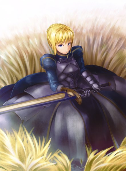 Anime picture 1250x1700 with fate (series) fate/stay night studio deen type-moon artoria pendragon (all) saber irohara single tall image short hair blue eyes blonde hair field girl dress weapon sword armor sheath excalibur