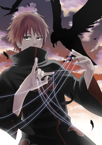 Anime picture 1500x2118 with naruto studio pierrot naruto (series) sasori santai single tall image looking at viewer fringe short hair brown hair standing yellow eyes sky cloud (clouds) upper body outdoors nail polish wide sleeves covered mouth