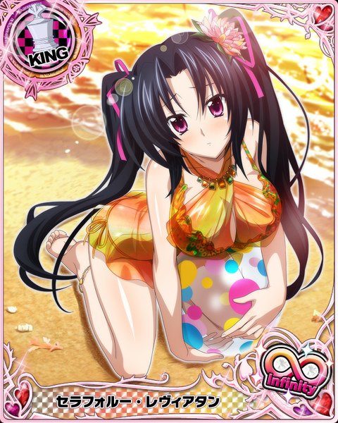 Anime picture 640x800 with highschool dxd serafall leviathan single tall image looking at viewer blush breasts light erotic black hair large breasts twintails purple eyes very long hair hair flower card (medium) girl flower (flowers) ribbon (ribbons) swimsuit hair ribbon