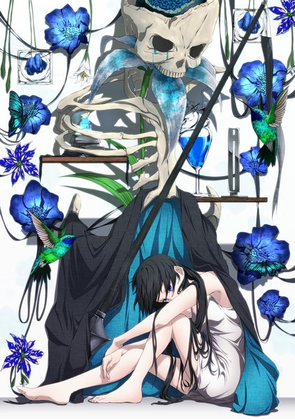 Anime picture 2000x2844 with original death (entity) aono meri long hair tall image looking at viewer fringe highres blue eyes black hair sitting bare shoulders bent knee (knees) barefoot bare legs no shoes tears skeleton bone (bones) girl