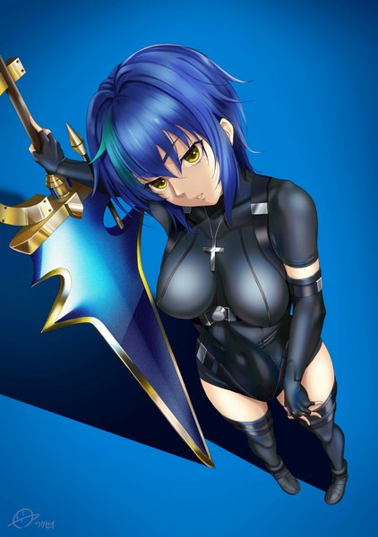 Anime picture 1232x1750 with highschool dxd xenovia quarta wakusei-planet single tall image looking at viewer fringe short hair breasts light erotic simple background hair between eyes standing holding signed yellow eyes blue hair full body parted lips head tilt