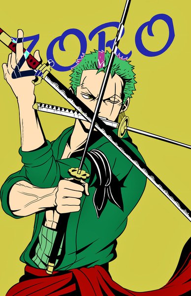 Anime picture 1281x1980 with one piece toei animation roronoa zoro one syuka single tall image short hair simple background holding green eyes looking away one eye closed green hair character names piercing mouth hold ear piercing scar dual wielding green background