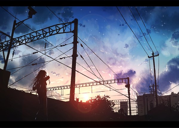 Anime picture 983x700 with original byakuya reki single long hair cloud (clouds) outdoors sunlight lens flare evening sunset letterboxed walking silhouette messy hair girl building (buildings) star (stars) sun power lines