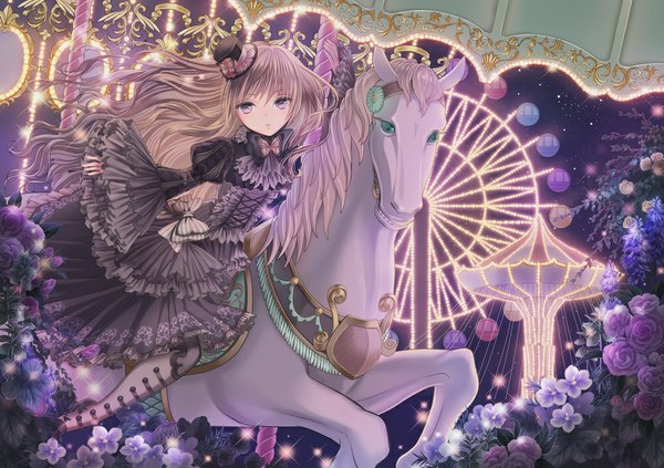 Anime picture 1000x706 with original tamaki mitsune single long hair fringe brown hair purple eyes holding night wide sleeves lolita fashion glow goth-loli girl dress flower (flowers) bow hat boots mini hat