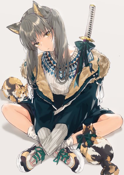 Anime picture 1200x1697 with original dangmill single long hair tall image looking at viewer fringe simple background sitting twintails animal ears yellow eyes full body bent knee (knees) blunt bangs head tilt grey hair cat ears off shoulder grey background