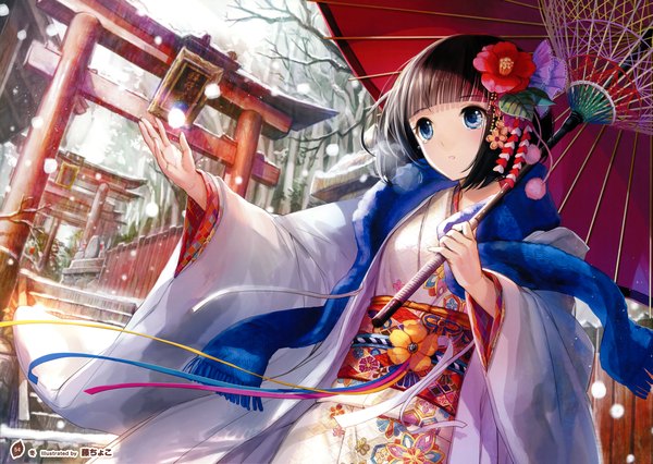 Anime picture 5064x3600 with girls, girls, girls! 10 (artbook) fuzichoco single highres short hair blue eyes black hair absurdres traditional clothes japanese clothes hair flower scan official art dutch angle snowing winter girl hair ornament flower (flowers) kimono