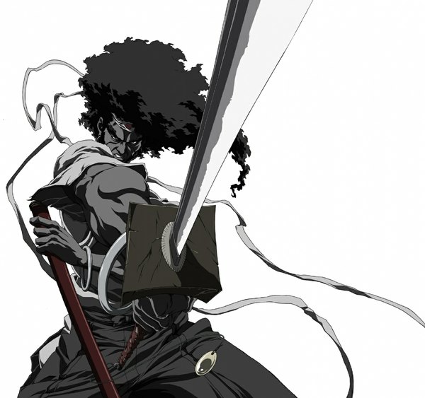 Anime picture 1064x1000 with afro samurai single black hair white background black eyes afro boy ribbon (ribbons) sword katana