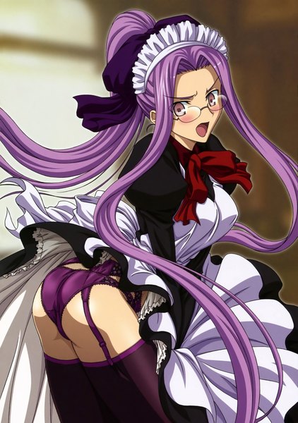 Anime picture 2857x4063 with fate (series) fate/stay night studio deen type-moon rider single long hair tall image blush highres open mouth light erotic purple hair ass ponytail very long hair pink eyes maid girl thighhighs