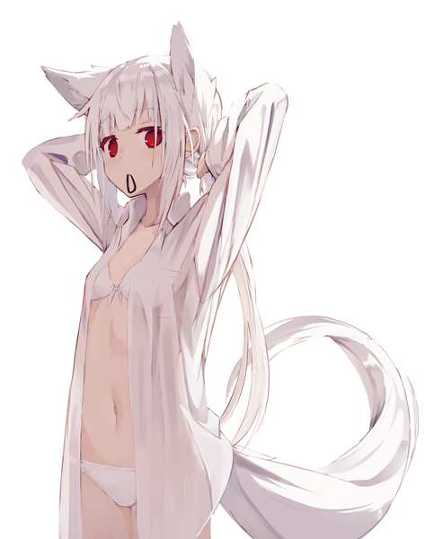 Anime picture 1013x1286 with original nagishiro mito single long hair tall image looking at viewer blush fringe breasts light erotic simple background red eyes standing white background holding animal ears payot white hair tail blunt bangs