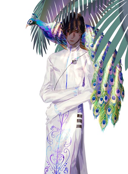 Anime picture 1544x2098 with fate (series) fate/grand order arjuna (fate) daeraeband single tall image looking at viewer fringe short hair simple background hair between eyes brown hair standing white background sitting brown eyes dark skin expressionless animal on shoulder bird on shoulder