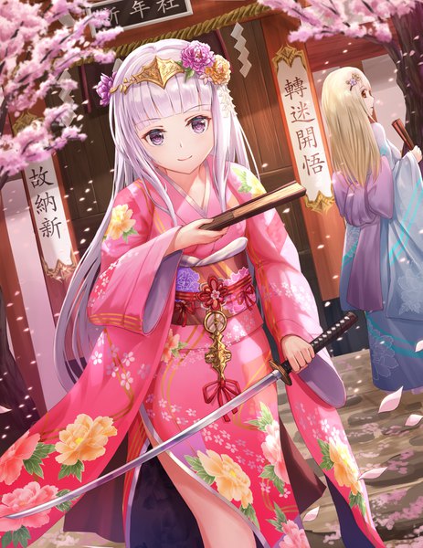 Anime picture 1297x1680 with original lunacle long hair tall image looking at viewer fringe blonde hair smile red eyes purple eyes multiple girls silver hair blunt bangs traditional clothes japanese clothes profile cherry blossoms girl hair ornament weapon