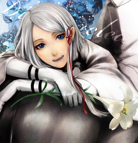 Anime picture 2000x2074 with last exile gonzo dio eracles raran single tall image highres short hair open mouth blue eyes grey hair inscription asymmetrical hair boy gloves flower (flowers) lily (flower)