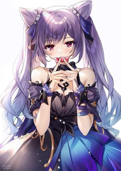 Anime picture 2480x3508 with genshin impact keqing (genshin impact) keqing (opulent splendor) (genshin impact) guzangnanfeng single long hair tall image looking at viewer blush fringe highres simple background white background purple eyes twintails bare shoulders signed payot purple hair head tilt