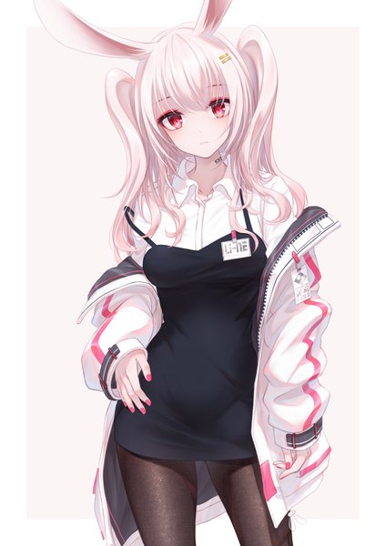 Anime picture 2894x4093 with tsumi no hahen (debris) line (bae.c) bae.c single long hair tall image looking at viewer blush fringe highres simple background hair between eyes red eyes standing animal ears white hair long sleeves nail polish head tilt fingernails