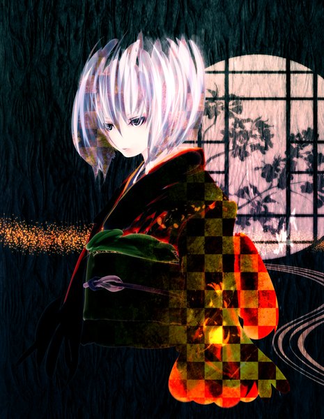 Anime picture 1361x1754 with mubouou aasaa single tall image purple hair japanese clothes grey eyes girl belt kimono