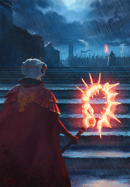 Anime picture 800x1152 with fire emblem fire emblem: three houses nintendo edelgard von hresvelg dimitri alexandre blaiddyd shycaracal tall image short hair standing sky silver hair outdoors from behind glowing rain battle lightning glowing weapon army storm