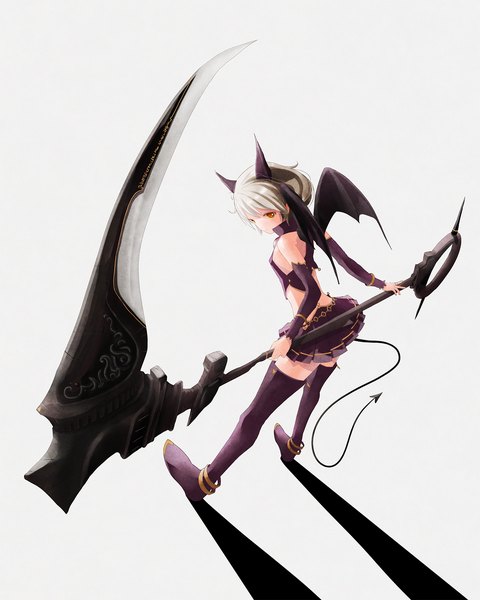 Anime picture 1200x1500 with original satyuas single tall image looking at viewer fringe short hair simple background standing tail looking back from above grey hair from behind grey background orange eyes demon tail bat wings girl skirt
