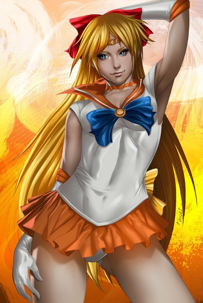 Anime picture 1024x1525 with bishoujo senshi sailor moon toei animation aino minako sailor venus juan romero single long hair tall image fringe breasts blue eyes light erotic blonde hair looking away light smile lips armpit (armpits) pantyshot girl gloves