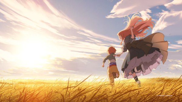 Anime picture 1920x1080 with sayonara no asa ni yakusoku no hana wo kazarou maquia (sayoasa) erial (sayoasa) long hair highres short hair brown hair wide image sky cloud (clouds) from behind official art wallpaper holding hands running field girl dress boy boots