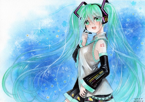 Anime picture 1500x1060 with vocaloid hatsune miku mosho single long hair looking at viewer blush open mouth twintails bare shoulders green eyes signed nail polish green hair blue background traditional media watercolor (medium) girl detached sleeves headphones