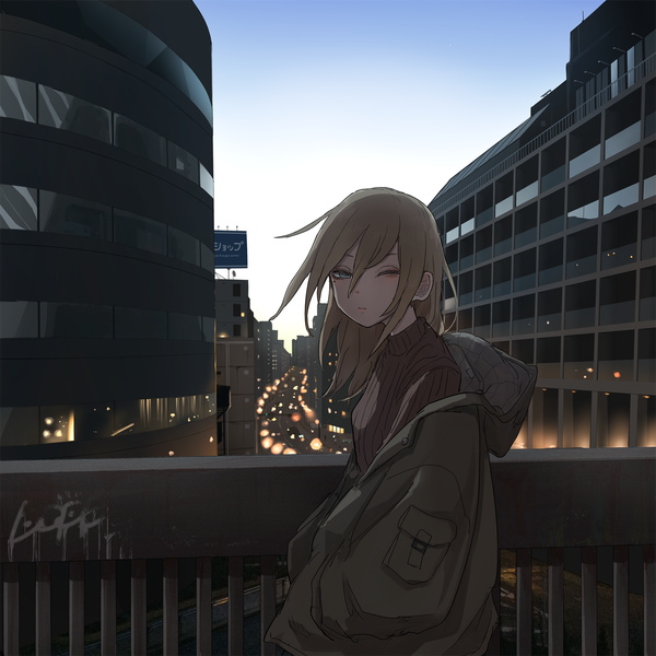 Anime picture 1440x1440 with original tabao single long hair looking at viewer fringe blue eyes hair between eyes brown hair standing sky outdoors one eye closed mole open jacket mole under eye city cityscape hands in pockets sleepy