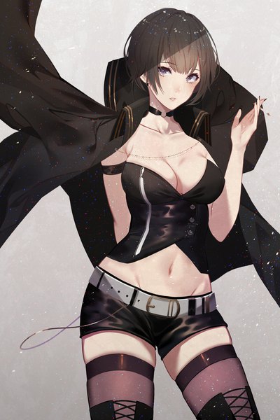 Anime picture 1500x2250 with original kisui single tall image looking at viewer blush fringe short hair breasts light erotic black hair simple background hair between eyes large breasts standing purple eyes holding cleavage nail polish fingernails