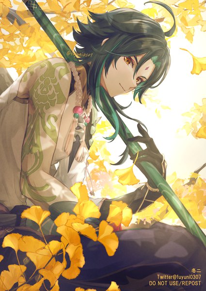 Anime picture 1129x1593 with genshin impact xiao (genshin impact) fuyuni0307 single tall image short hair black hair sitting signed yellow eyes ahoge tattoo twitter username forehead mark boy gloves black gloves leaf (leaves) autumn leaves ginkgo