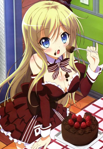 Anime picture 2593x3728 with noucome nyantype chocolat (noucome) tagme (artist) single long hair tall image blush highres open mouth blue eyes light erotic blonde hair bare shoulders official art chocolate on breasts girl dress hat detached sleeves