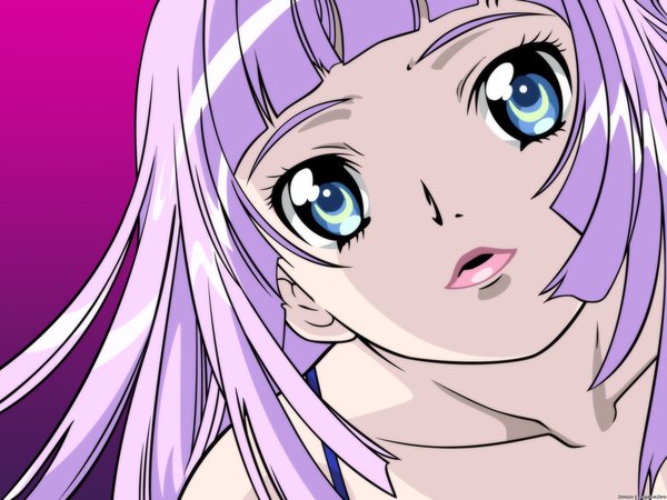 Anime picture 1600x1200 with simoun amuria single long hair looking at viewer blue eyes simple background purple hair parted lips aqua eyes gradient background close-up face girl