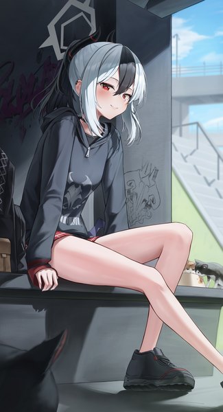 Anime picture 3219x5935 with blue archive kayoko (blue archive) tiokun7 single tall image blush fringe highres black hair smile hair between eyes red eyes sitting absurdres silver hair ponytail multicolored hair horn (horns) two-tone hair bare legs
