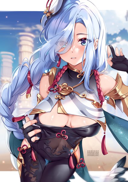 Anime picture 884x1250 with genshin impact shenhe (genshin impact) squchan single long hair tall image looking at viewer blush fringe breasts blue eyes light erotic large breasts standing signed sky silver hair cloud (clouds) outdoors nail polish