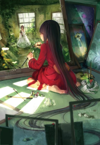 Anime picture 2031x2952 with touhou houraisan kaguya hei yan-m82a1 tall image fringe highres black hair smile standing sitting multiple girls holding looking away bent knee (knees) indoors very long hair barefoot from behind sunlight bare legs
